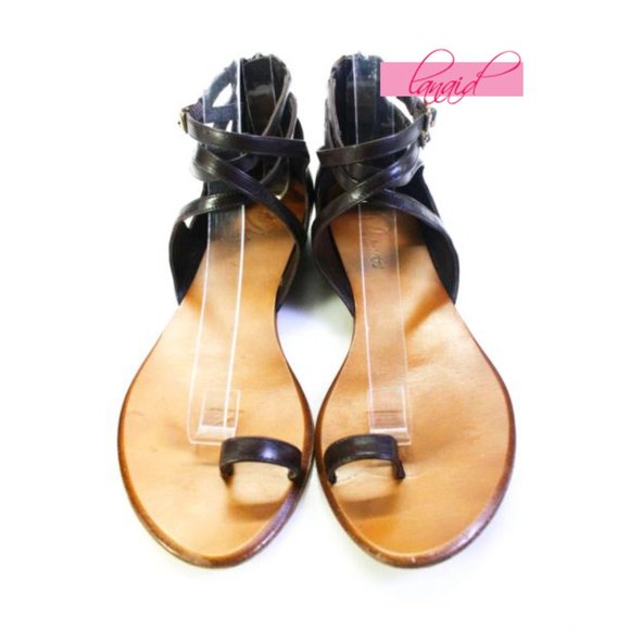 Delman Toe-Ring Strappy Genuine Leather Rich Brown Flat Criss-Cross Sandals 7 - Picture 2 of 8